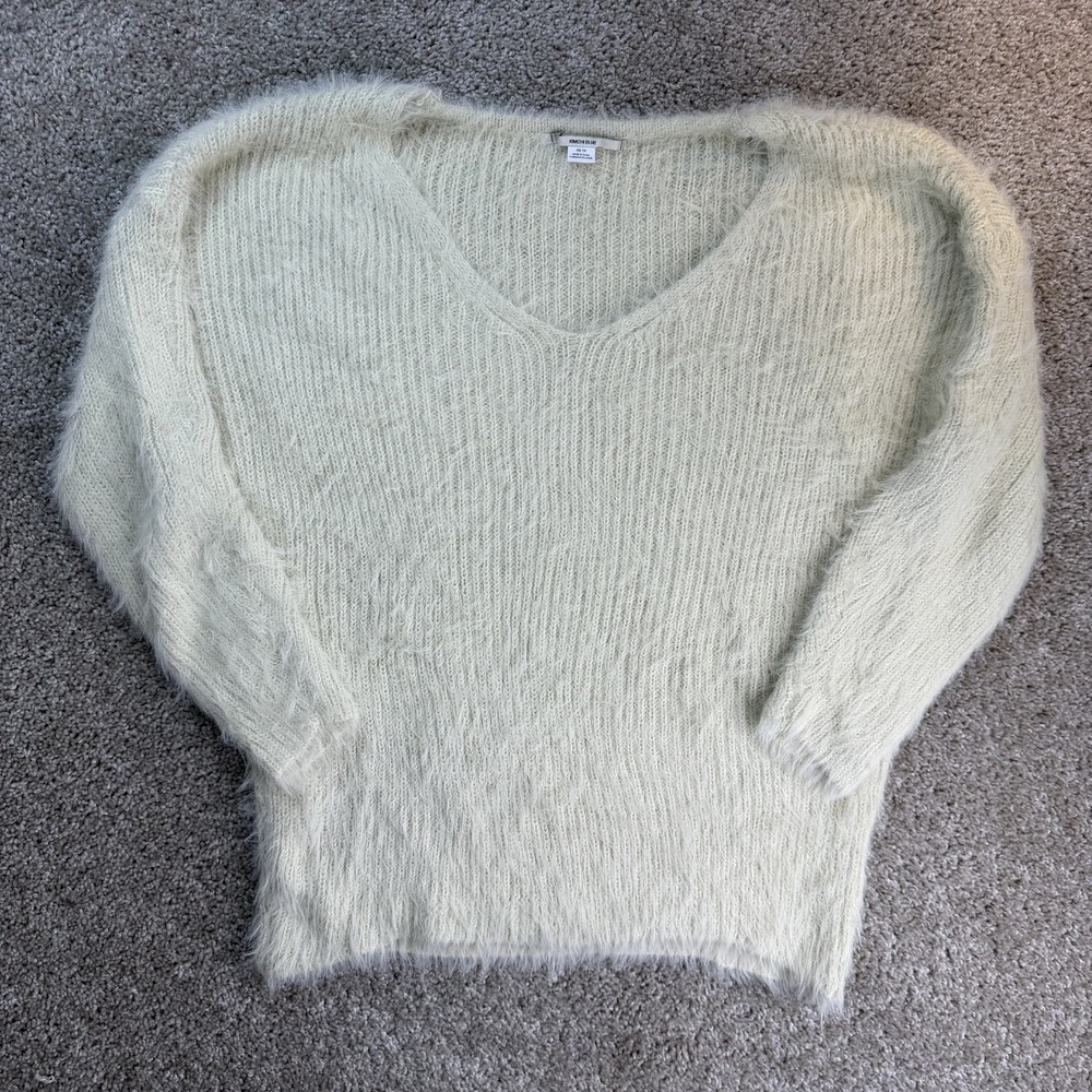 Kimchi Blue Sweater Womens XS White Fuzzy Open Knit V Neck Dolman Pullover